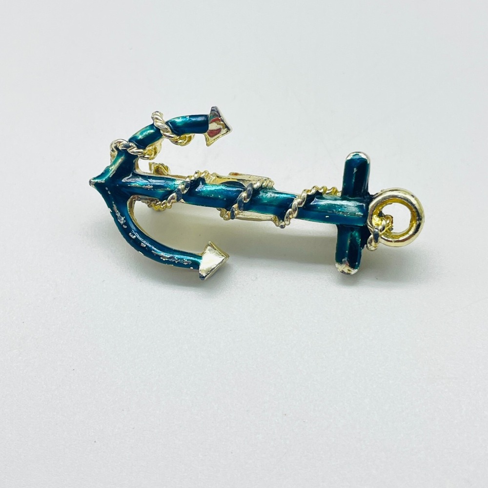 Vintage Enamel Anchor Brooch Nautical Gold Tone Maritime Sailor Pin - Picture 2 of 6